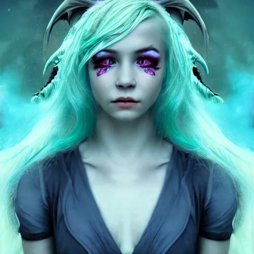 Image similar to The dragon girl portrait, portrait of young girl half dragon half human, dragon girl, dragon skin, dragon eyes, dragon crown, blue hair, long hair, highly detailed, cinematic lighting, Matte painting by David Lynch