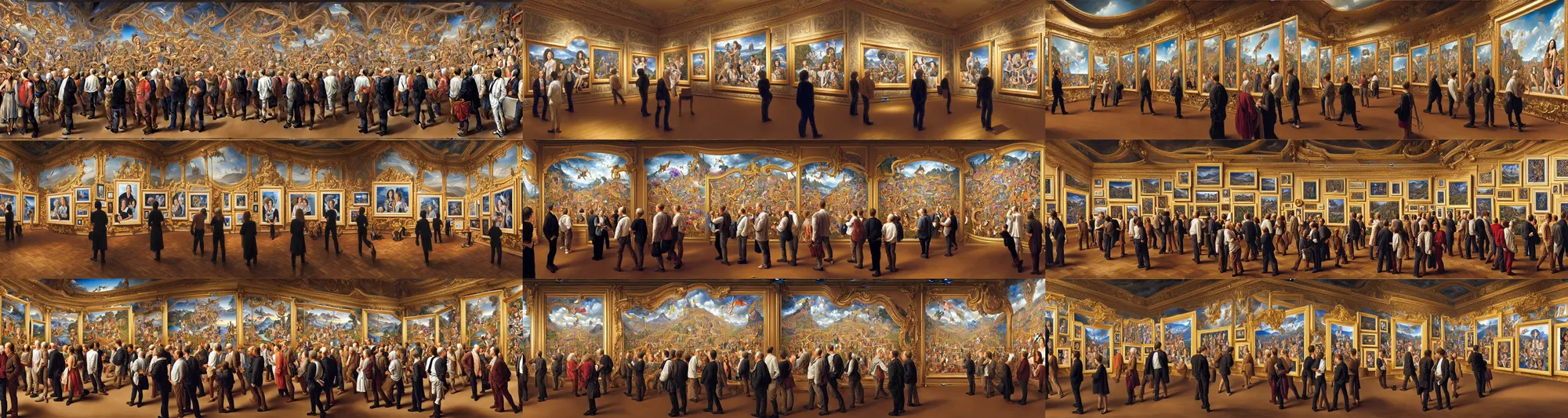 Prompt: a luxurious, triumphant, and ultradetailed mural, depicting a gallery exhibition of a hundred unique framed hyperrealist portraits