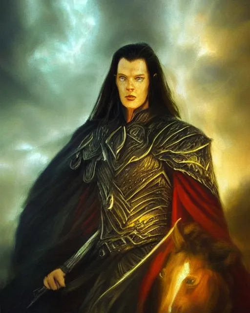 Image similar to a beautiful portrait of fingolfin, dramatic art chiaroscuro lighting, rules of compostion, great creative ideas, highly detailes dark oil painting, insanely realistic