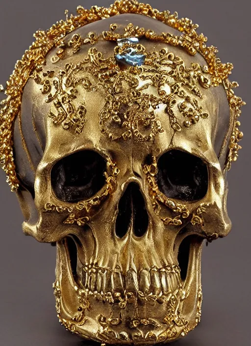 Prompt: rubens ornate gothic gold skull painting covered in jewels