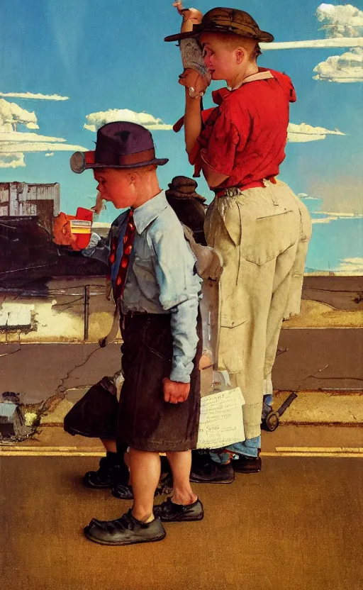 Prompt: paperback book cover by norman rockwell. 1 9 5 0 s. pure colors, melting clouds, accurately drawn details, a sunburst above a receding road with the light reflected in furrows and ruts, after rain. photorealistic. octane render. cinematic. trending on artstation. textless.