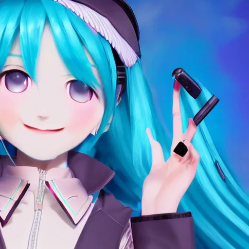 Image similar to hatsune miku smoking a vape pen in her right hand and holding up a peace sign in her left hand, smoke coming out of her mouth, artstation, 4 k