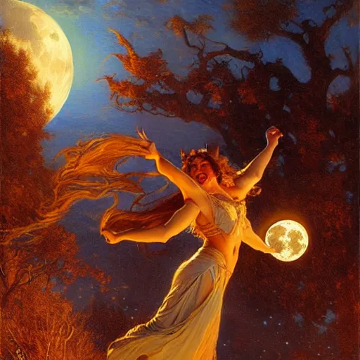 Image similar to witch flying, trough the night, fantasy, full moon in background. highly detailed painting by gaston bussiere, craig mullins, j. c. leyendecker 8 k