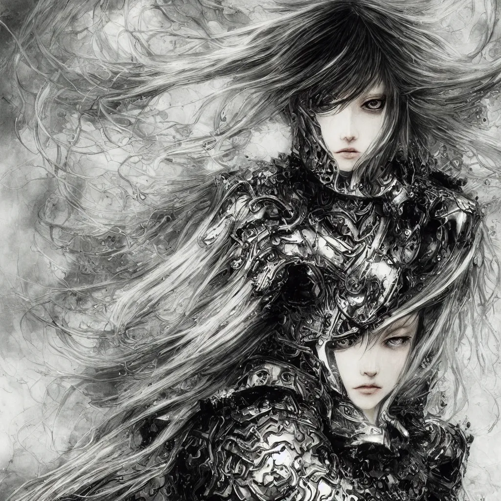 Image similar to Yoshitaka Amano realistic illustration of an anime girl with wavy white hair and cracks on her face wearing Elden ring armour with the cape fluttering in the wind, abstract black and white patterns on the background, noisy film grain effect, highly detailed, Renaissance oil painting, weird portrait angle