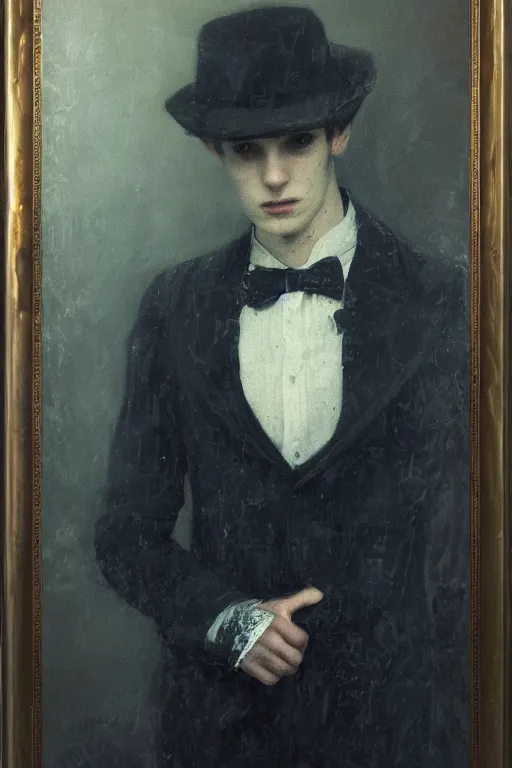 Prompt: detailed cinematic moody colors studio portrait of a young victorian gentleman being controled like a puppet, creepy malevous vibe, water lilies, high quality by jeremy mann, only one head single portrait