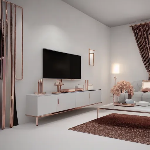 Image similar to 3 d render of white living room with rose gold metallic accents