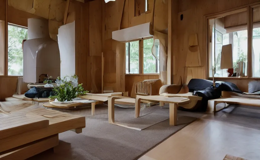 Image similar to luxurious wooden cottage by alvar aalto, modern native amarican living room, japanese flower arrangements, architecture photography