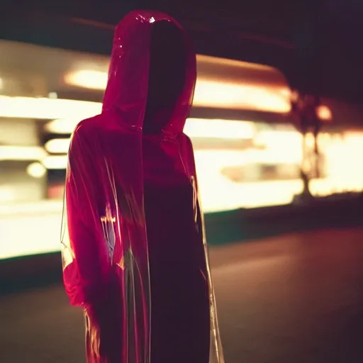 Image similar to A realistic and detailed portrait photography of a woman wearing a futuristic transparent raincoat with hoodie. by Annie Leibovitz. Neo noir style. Cinematic. Red neon lights and glow in the background. Cinestill 800T film. Lens flare. Helios 44m. Ultra detail. Photoreal. Depth of field.