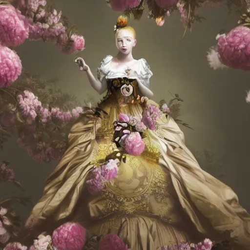 Prompt: 8k, octane render, realism, tonalism, renaissance, rococo, baroque, portrait of a young lady wearing long harajuku manga dress with flowers and skulls, background chaotic gold leaf flowers