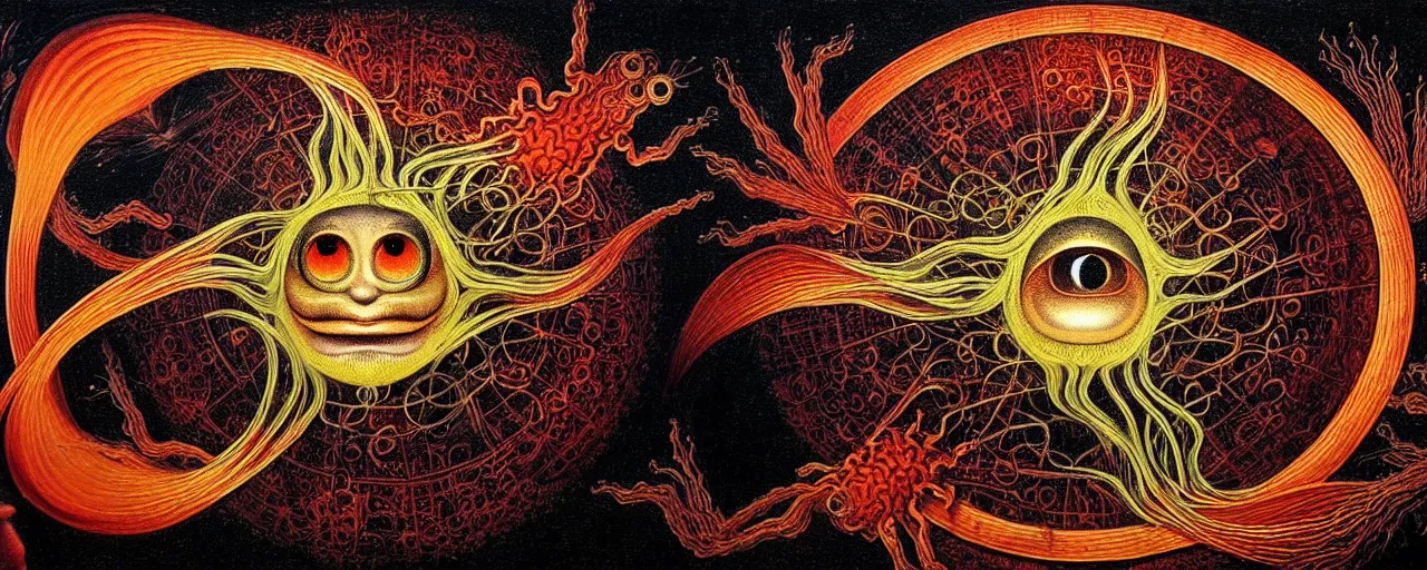 Image similar to a strange fire creature with endearing eyes radiates a unique canto'as above so below'while being ignited by the spirit of haeckel and robert fludd, in the long deep infinite tunnel of the ego - self axis, glory to my soul, in honor of saturn, painted by ronny khalil