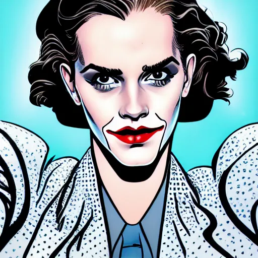Prompt: dynamic macro head portrait of beautiful emma watson as the joker in white sequined jacket by john romita sr and cory walker and ryan ottley and jack kirby and barry windsor - smith, comic, illustration, photo real