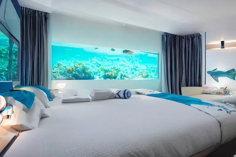 Image similar to an underwater hotel room from the future, the bed is a fish tank, caustic lighting, summer day, palm trees, 55mm 2021