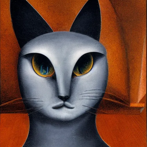Image similar to 3d cat by Remedios Varo, front view