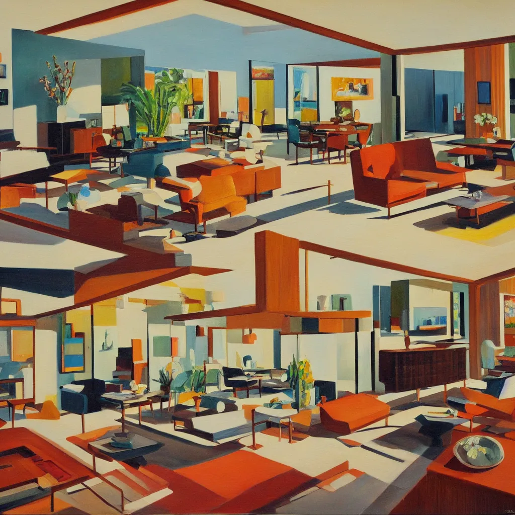 Image similar to an oil painting of the interior of a mid century modern house designed by both frank lloyd right and richard sera in palm springs