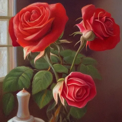 Prompt: The rose is placed in a vase on a windowsill. The light from the window casts a warm, golden glow on the petals of the rose, making them appear illuminated. The colors in the painting are soft and muted, giving the overall impression of a tranquil scene.