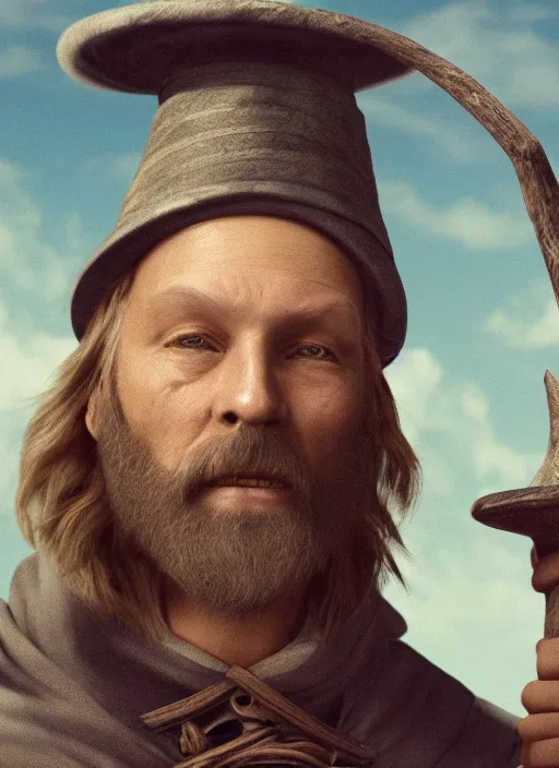Prompt: A wizard with a staff, in a hat, stands on a mountain, high image quality and working out a face in 8k