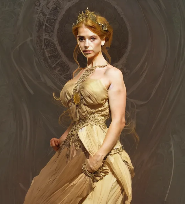 Image similar to portrait of a full body of young beautiful female princess, d & d, baroque dress, elegant, flat lighting, intricate, highly detailed, digital painting, artstation, concept art, smooth, sharp focus, illustration, art by simon bisley and greg rutkowski and alphonse mucha, natural tpose