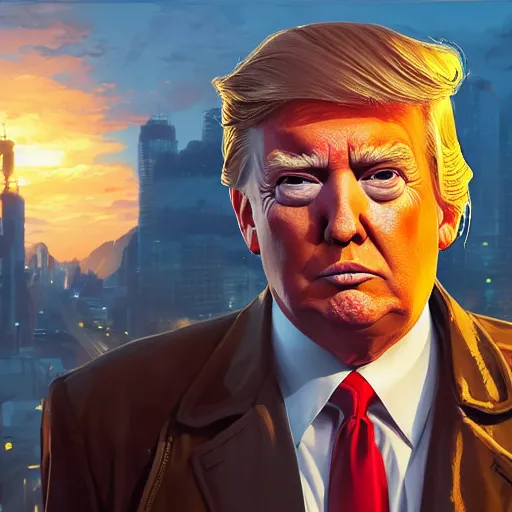 Image similar to highly detailed portrait, donald trump, in gta v, stephen bliss, unreal engine, fantasy art by greg rutkowski, loish, rhads, ferdinand knab, makoto shinkai and lois van baarle, ilya kuvshinov, rossdraws, tom bagshaw, global illumination, radiant light, detailed and intricate environment