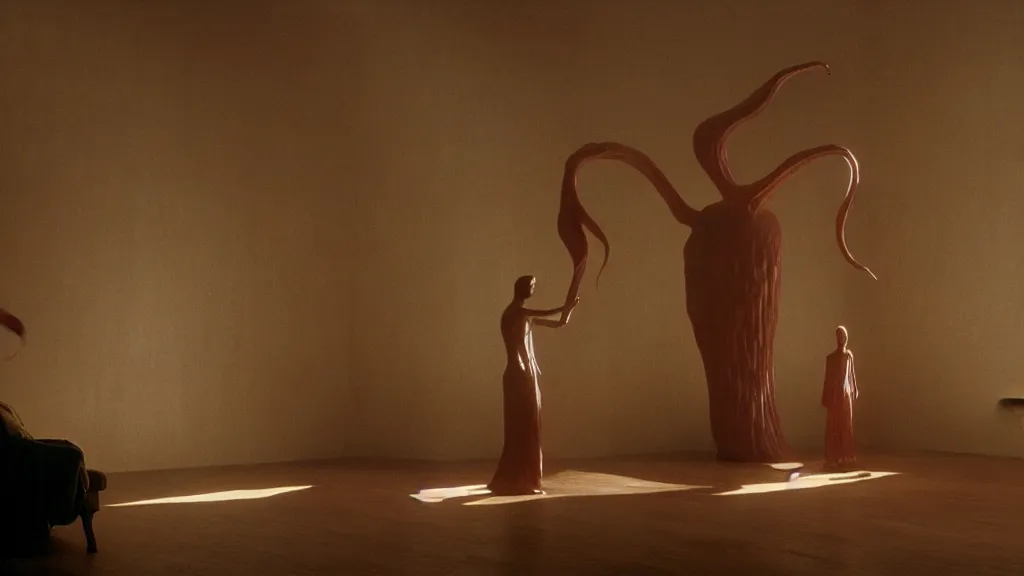 Image similar to a giant hand made of wax and water floats through the living room, film still from the movie directed by Denis Villeneuve with art direction by Zdzisław Beksiński, wide lens