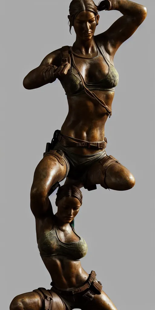 Image similar to detailed studio photo of old bronze patina statue lara croft, full body portrait, various bending poses, photorealism, intricate detail, museum diffuse lighting