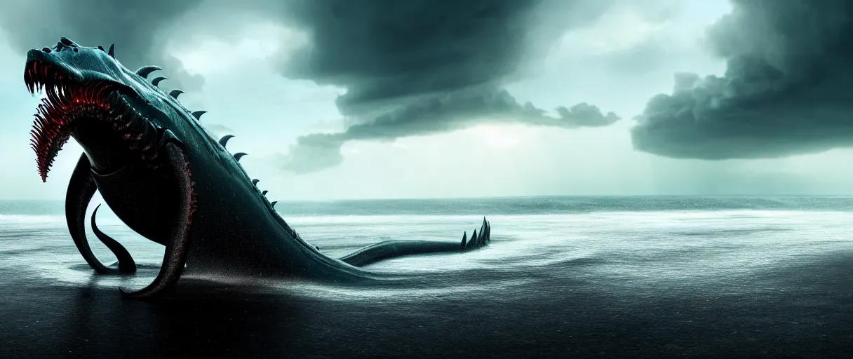 Image similar to a stunning cinematic extreme wide shot of an slick sleek smooth halitrephes maasi sea monster wearing clothes made of seaweed on a dark stormy beach, with huge luminous sad eyes, sharp claws, cgsociety, hd octane render, fantasy, artstation, deviantart, furaffinity, very very clean, super smooth, thunderclouds, thunderstorm