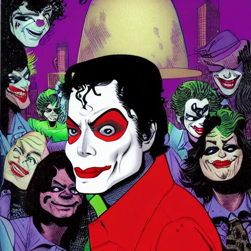 Image similar to dynamic macro head portrait of beautifu michael jackson as the joker in white sequined jacket by john romita sr and cory walker and ryan ottley and jack kirby and barry windsor - smith, comic, illustration, photo real