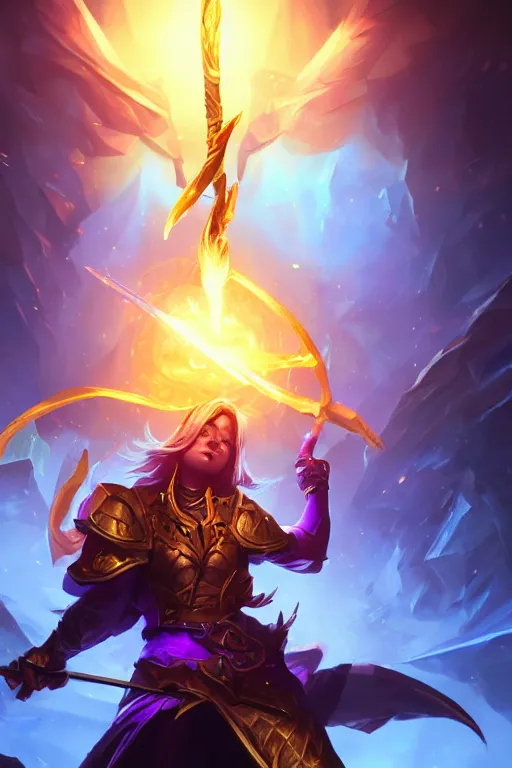 Image similar to a magical golden weapon, d & d, league of legends, concept art, blue background, dramatic lighting. realistic, epic legends, game icon, global illumination, ian pesty