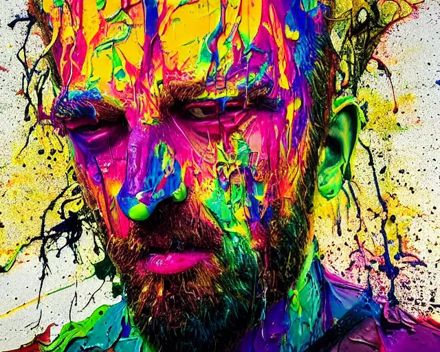 Prompt: abstract expressionist portrait of a head made of very thick impasto paint and acrylic pour and coloured powder explosion and splashing paint and dripping paint and flying paint chunks, art by antony micallef, motion blur, hyperrealistic, intricate art photography, anatomically correct, realistic crisp textures, 1 6 k