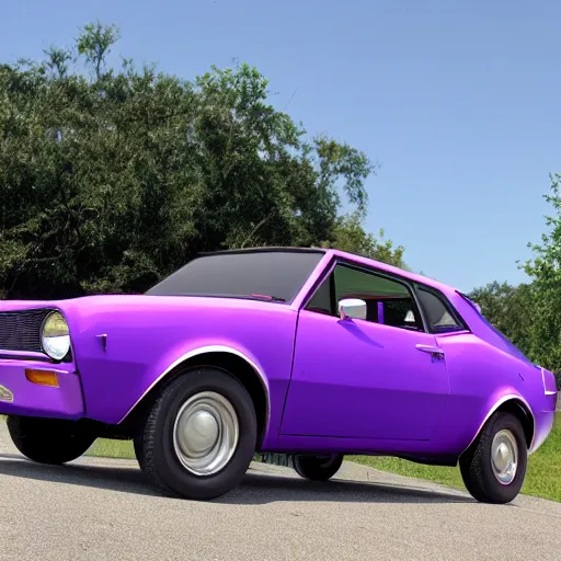 Prompt: A photograph of an AMC Gremlin with gull-wing doors, and purple upholstery.