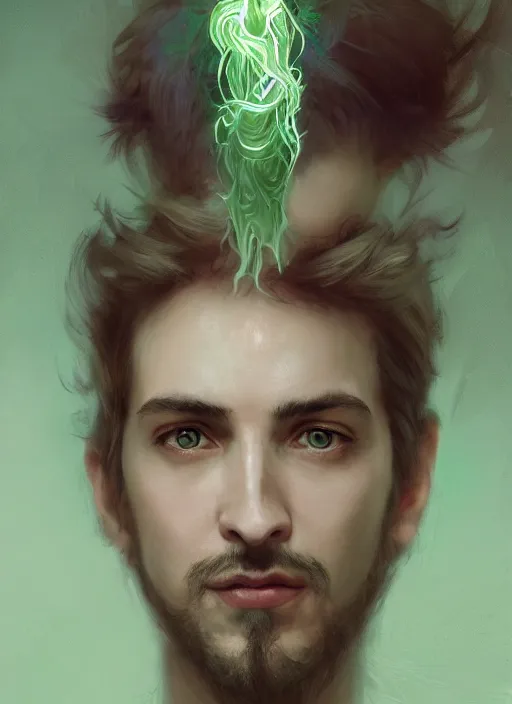 Prompt: character concept portrait of an attractive young clever Spanish wizard with powder-green skin conjuring a nature spell, a floating iridescent spell book in the center, intricate, elegant, digital painting, concept art, smooth, sharp focus, illustration, from Metal Gear, by Ruan Jia and Mandy Jurgens and William-Adolphe Bouguereau, Artgerm