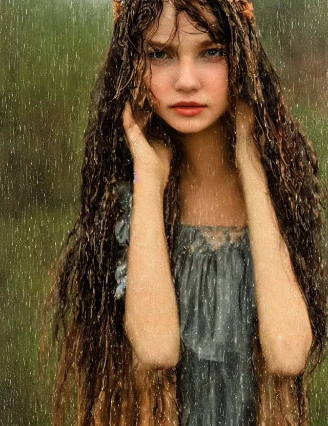 Image similar to wet long hair very beautiful happy peasant girl under the rain, country style, portrait, Cinematic focus, Polaroid photo, vintage, neutral colors, soft lights, foggy, by Steve Hanks, by Serov Valentin, by lisa yuskavage, by Andrei Tarkovsky 8k render, detailed, oil on canvas