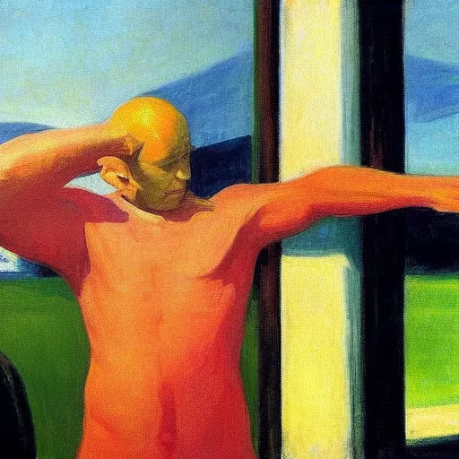 Image similar to a man waving. Hands donr by Edward Hopper.