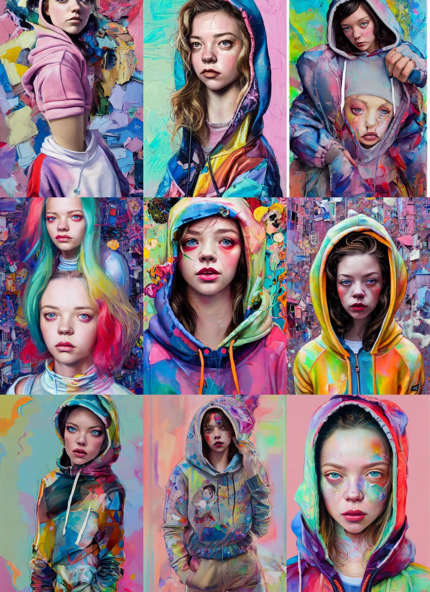 Prompt: sydney sweeney in the style of martine johanna and donato giancola, wearing a hoodie, standing in a township street, street fashion outfit,!! haute couture!!, full figure painting by martine johanna, david choe, ismail inceoglu, pastel color palette, sharp focus, detailed impasto, intricate, elegant, 2 4 mm lens