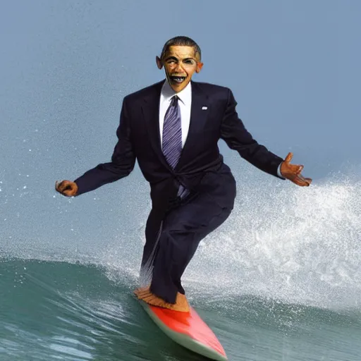 Image similar to surfing barack obama as mr. bean as the joker from batman, surfing still from batman vs bean at the beach, 2 0 2 0