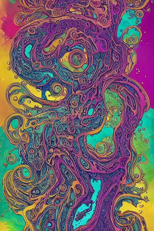 Prompt: cascading ink and watercolour shoggoth body parts in vibrant colours by dan mumford and mike mignola and maethawee chiraphong and hiroo isono ornate, intricate, detailed, swirls, ultra fine detail, trending on artstation, golden ratio, smooth gradients, intricate ink designs