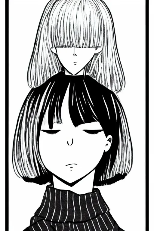 Image similar to portrait of a girl in long pants and a top, hands in pockets, eyes closed, bob haircut, digital art, black and white, lineart by junji ito and kaoru mori