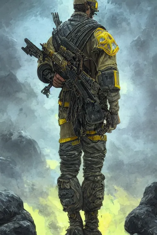 Image similar to a distant shot of a Ukrainian Call of Duty soldier with blue and yellow uniform standing alone on a pile of skulls as a winner, masculine figure, D&D, fantasy, intricate, elegant, highly detailed, extremely detailed, digital painting, artstation, concept art, matte, sharp focus, symmetrical, illustration, art by Artgerm and Greg Rutkowski and Alphonse Mucha