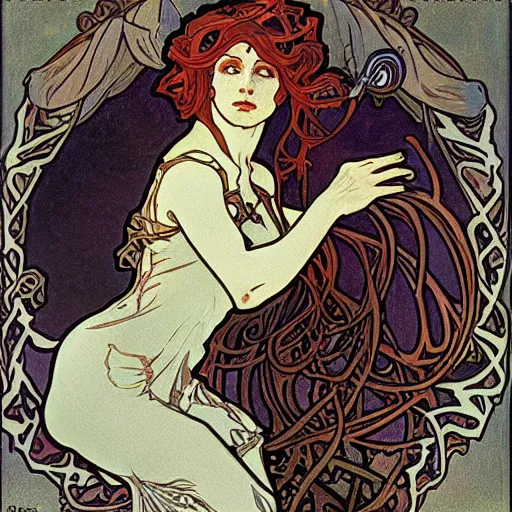 Image similar to lovecraftian protagonist by alphonse mucha