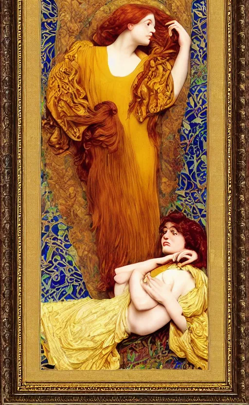 Image similar to preraphaelite full body reclining portrait photography masterpiece hybrid of judy garland and florence welch, brown hair fringe, yellow ochre ornate medieval dress, kilian eng and william holman hunt, frederic leighton, ford madox brown, william morris, framed, 4 k