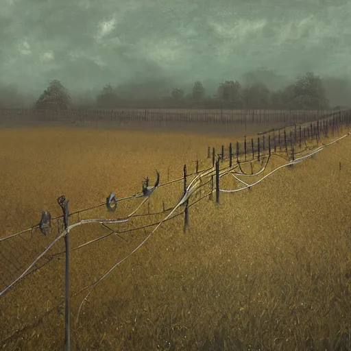 Image similar to an endless very tall fence, in a field, birds, dystopian, grim, dark, masterpiece oil painting, octane render, by barlowe, by kincaid 4 k