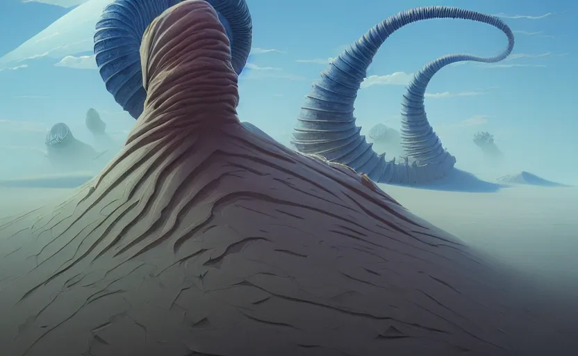 Image similar to highly detailed surreal vfx portrait of battle for dune, arrakis, giant sandworms, stephen bliss, unreal engine, greg rutkowski, loish, rhads, beeple, makoto shinkai and lois van baarle, ilya kuvshinov, rossdraws, tom bagshaw, global illumination, detailed and intricate environment