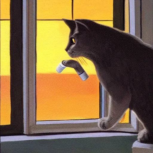 Image similar to cat smoking a cigarette by a window, dramatic sunset lighting, oil painting, award winning