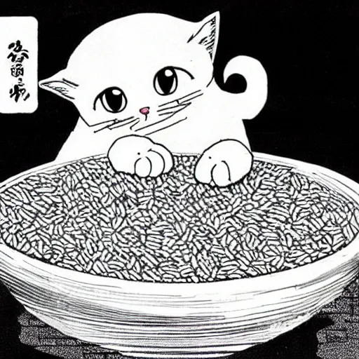 Image similar to manga cat by Hayao Miyazaki eats from a bowl of rice, black and white manga