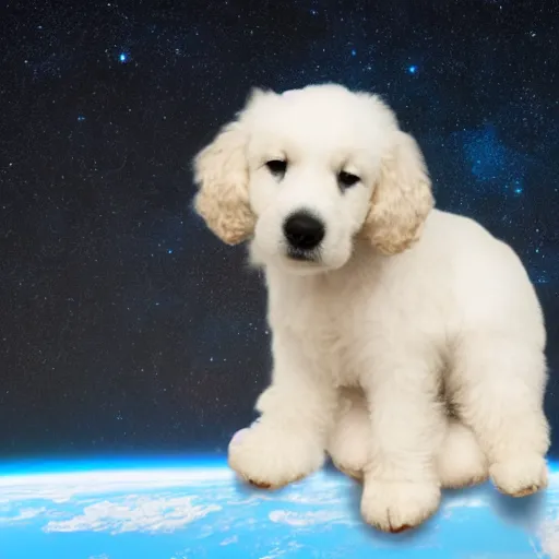 Prompt: a cloud made of dog floating in space