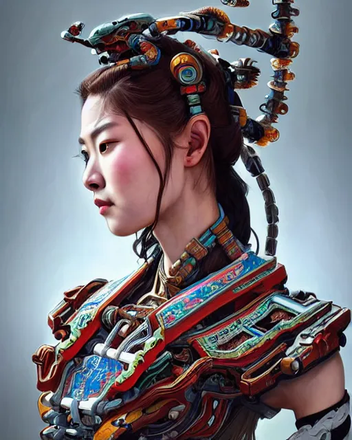 Image similar to portrait of a machine from horizon zero dawn, machine face, upper body, decorated with chinese opera motifs, asian, traditional chinese art, intricate, elegant, highly detailed, digital painting, artstation, concept art, smooth, sharp focus, illustration, art by artgerm and greg rutkowski and alphonse mucha, 8 k