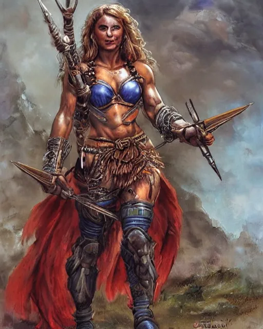Prompt: a beautiful and strong female warrior by Boris Valejo and Frank Franzetta