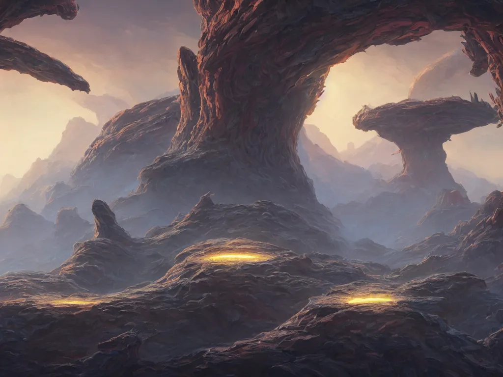 Prompt: alien nest on the iron cliffs of alien planet, by noah bradley; concept art painting, hyperrealistic, 4K wallpaper, cinematic lighting, highly detailed and beautiful