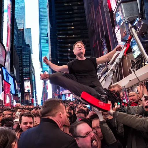 Prompt: Elon Musk being dragged to the guillotine in the middle of Times Square, photography, 8k