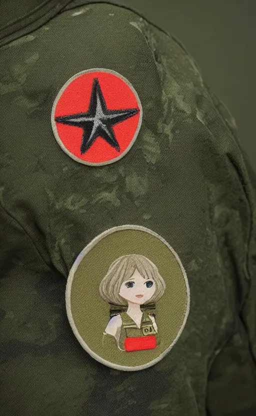 Prompt: girl, by satoru sao, silicone patch design, insignia, soldier clothing, military gear, high detail