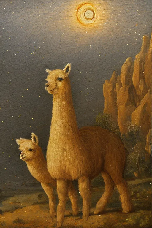 Prompt: detailed renaissance oil painting of an alpaca shaped building standing in the desert of pastel feathers lit by small fireflies at night